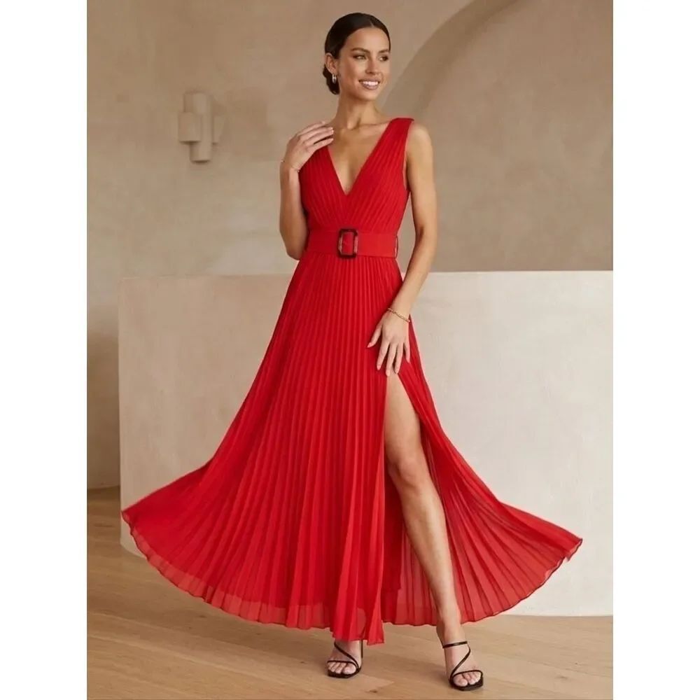 Fame and Partners Red Pleated Maxi Dress with Belt - Size 0